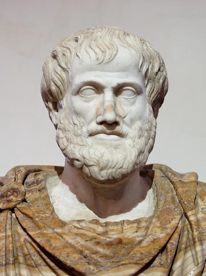 Frontal view of a marble portrait bust of Aristotle, with a full beard and blank carved eyes.