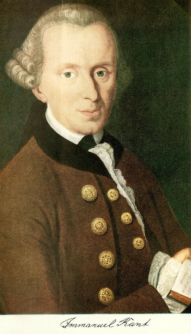 Painted three-quarter portrait of Immanuel Kant wearing a brown coat and white cravat and holding an open book.