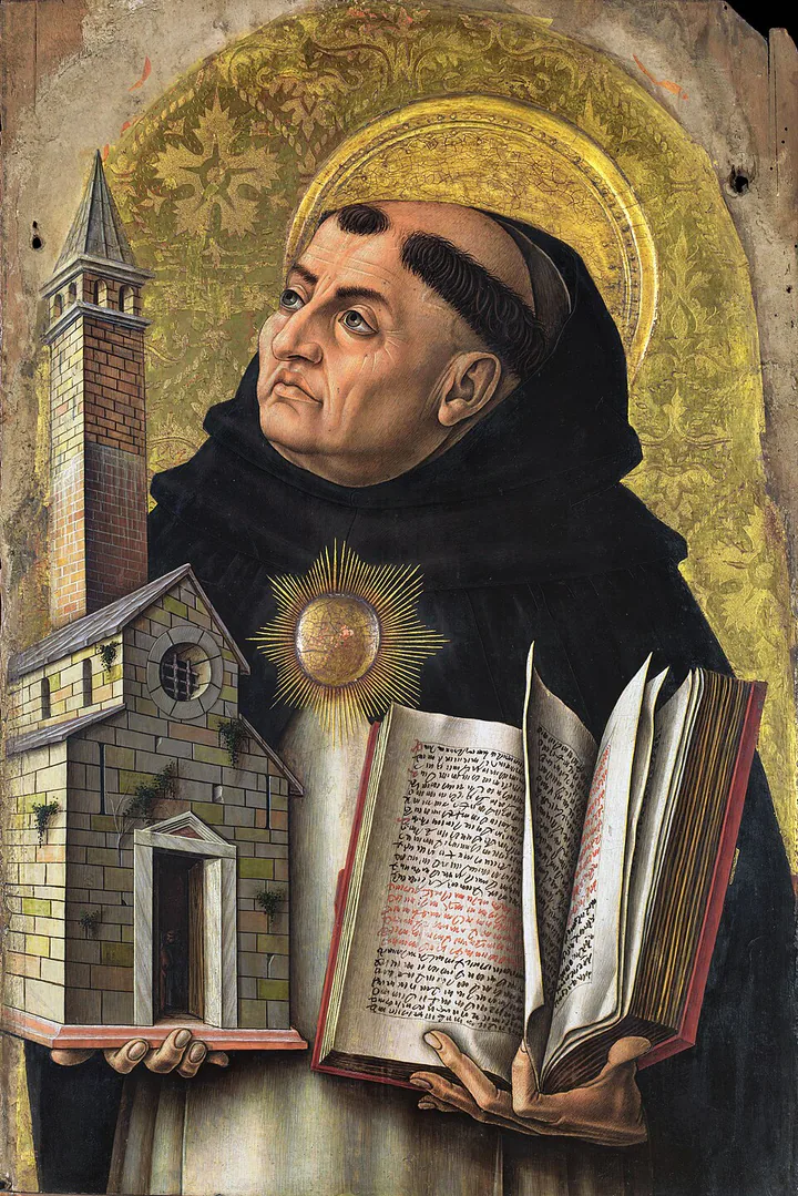 Painted portrait of Thomas Aquinas in a black-and-white Dominican habit, holding an open book and a model church.